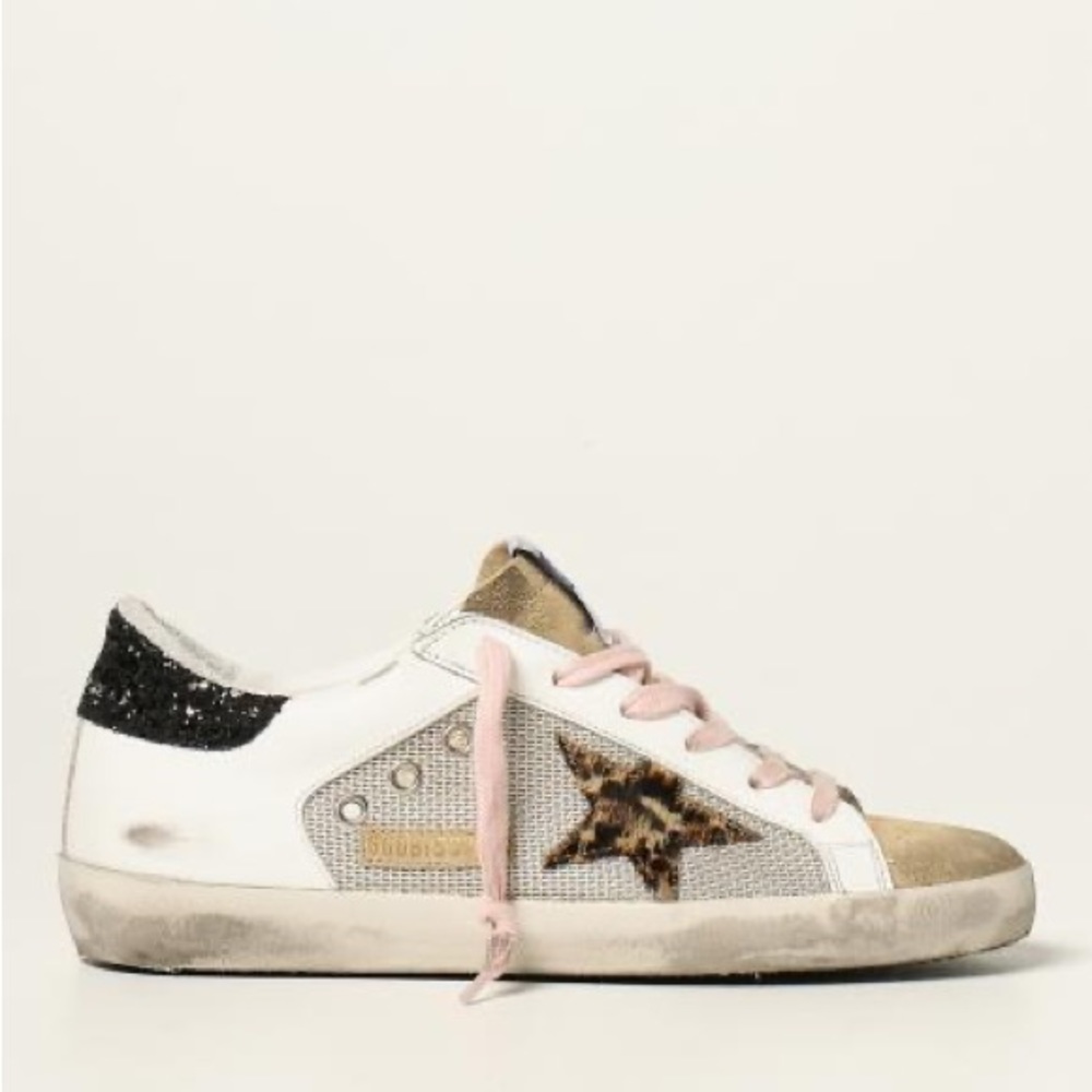 Golden Goose Net & Glitter Heel Superstar Sneakers in White and Black. Size 39